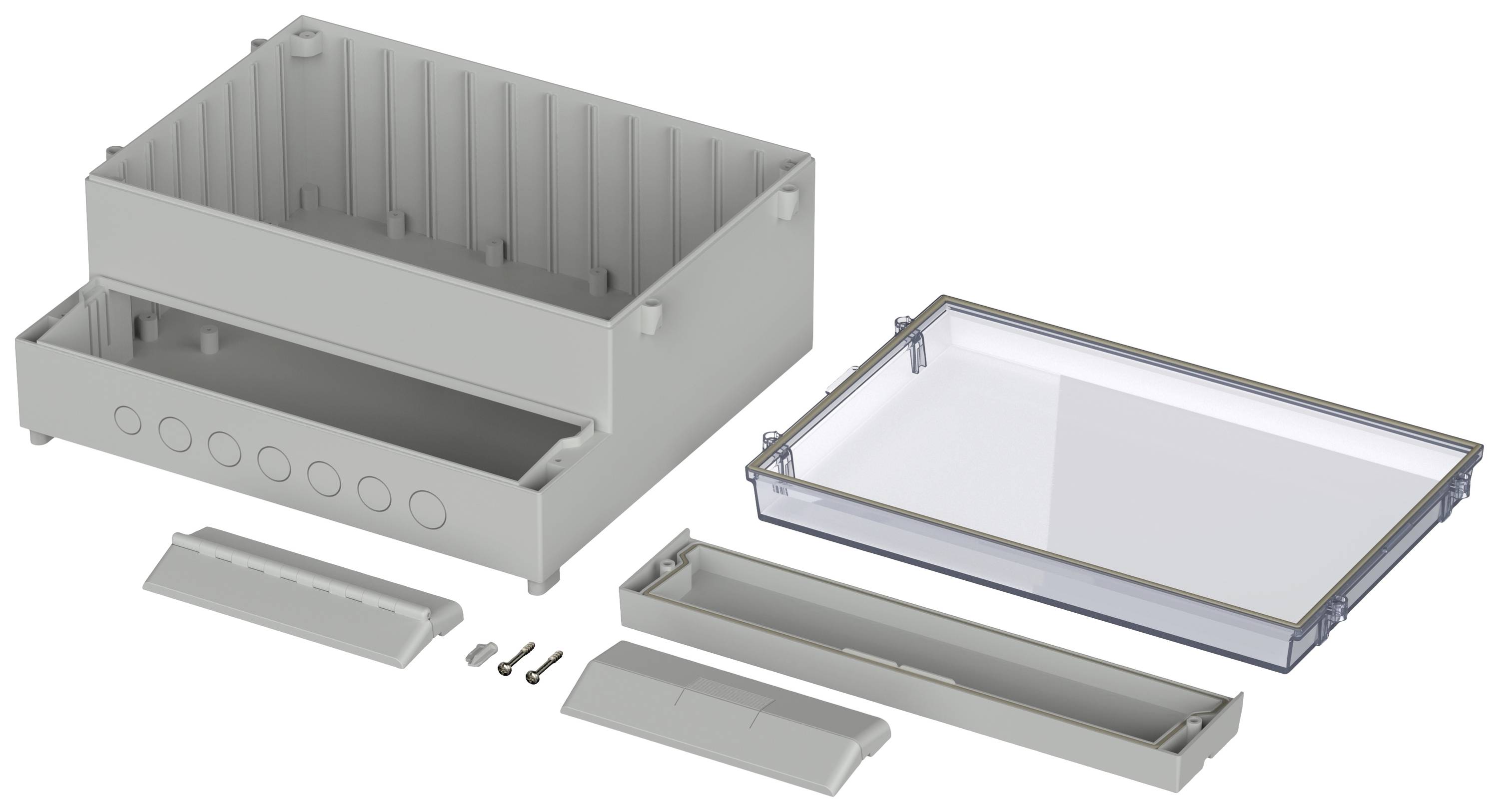 Elektroniczny zestaw obudowy z oddzielnymi komponentami: główna skrzynka, przezroczysta pokrywa, mniejsze osłony i śruby.