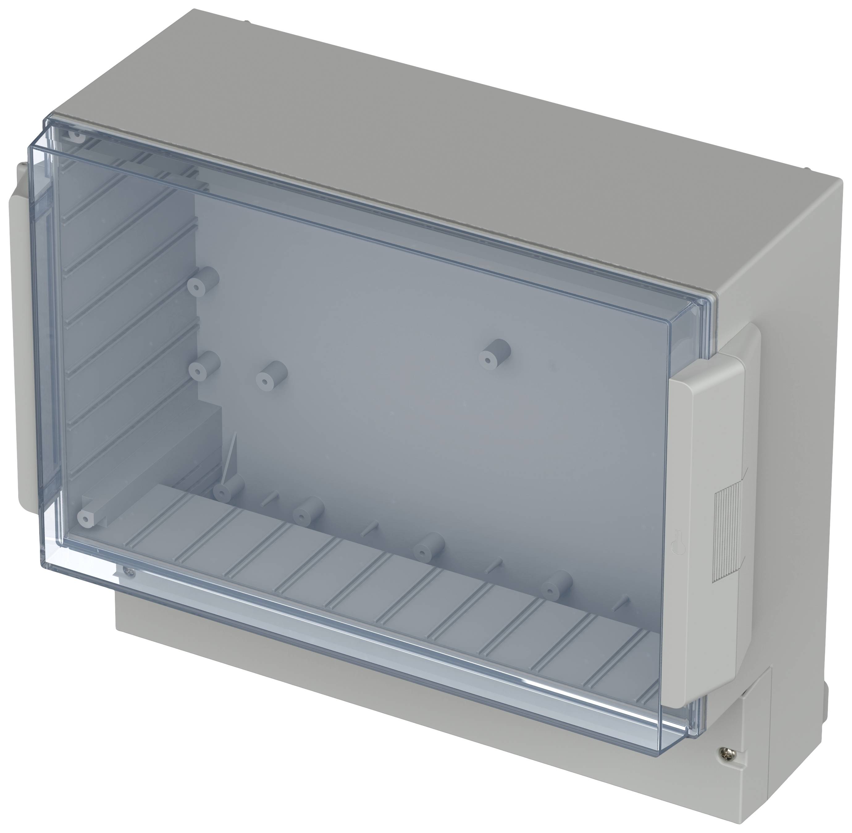 Szary plastikowy pojemnik z przezroczystą pokrywą i uchwytami po obu stronach, najczęściej stosowany w instalacjach elektrycznych lub jako obudowa ochronna.