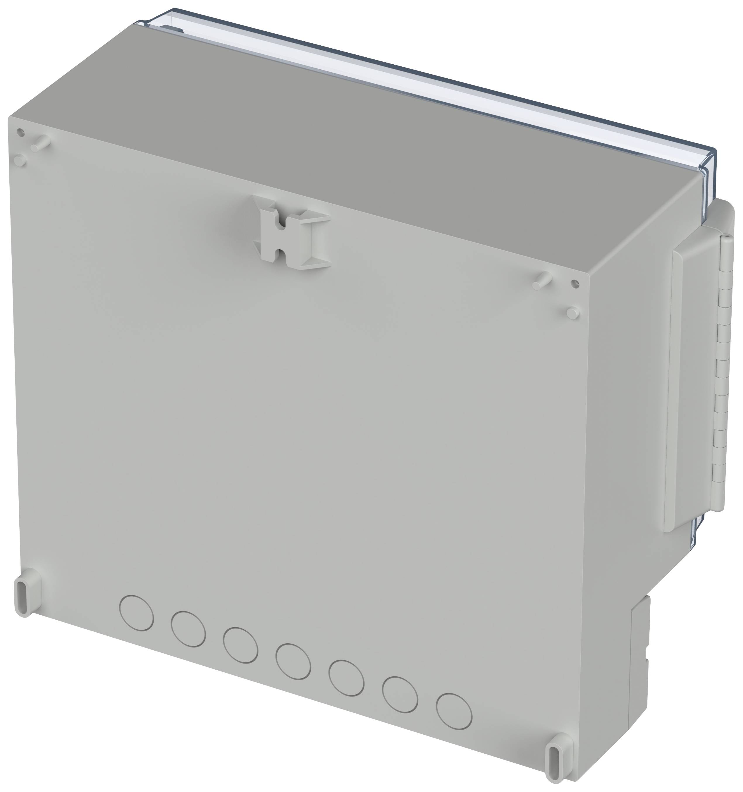 Prostokątna, szara obudowa z wieloma wstępnie wykonanymi przepustami kablowymi od spodu.