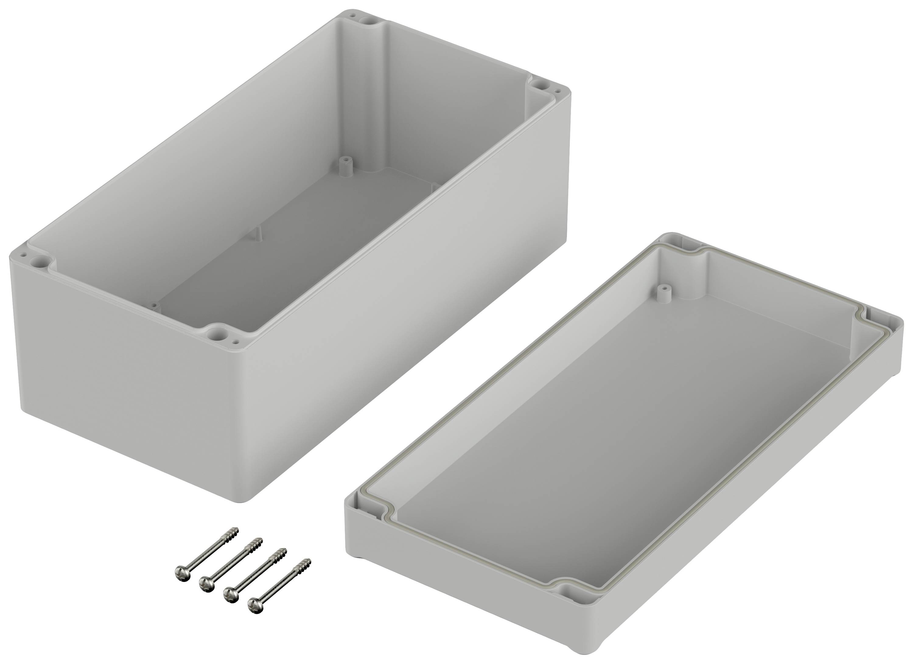 Prostokątna, szara obudowa składająca się z dwóch części, z czterema śrubami towarzyszącymi podczas montażu.