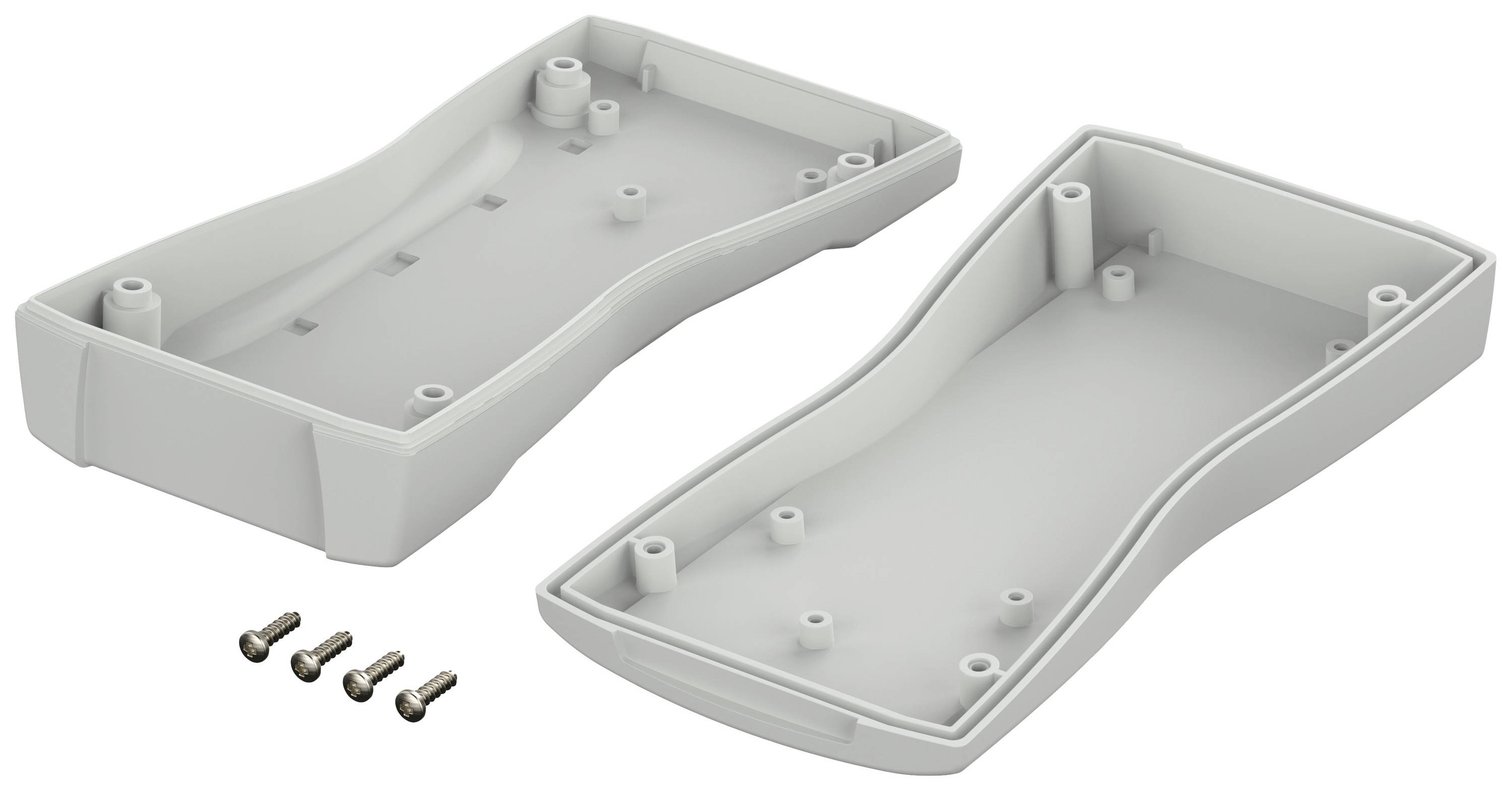 Białe plastikowe pudełko, otwarte na dwie połowy, obok cztery małe śruby.