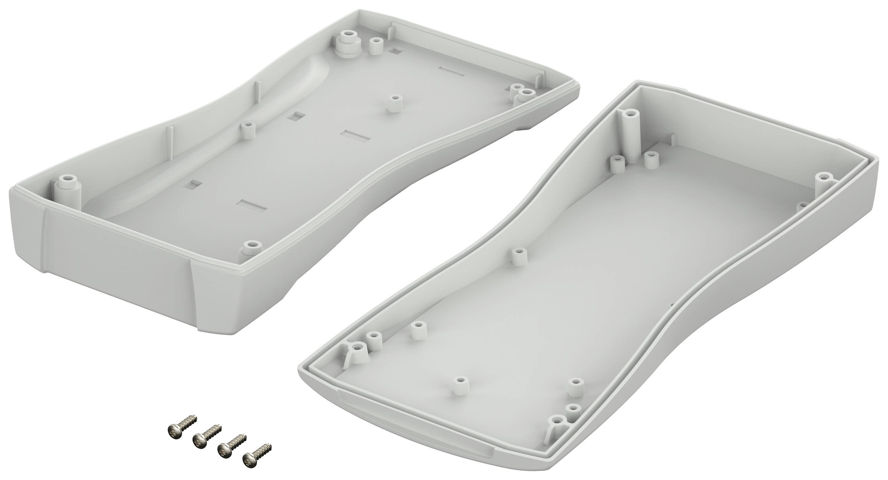 Obudowa z szarego tworzywa sztucznego składająca się z dwóch części. Cztery śruby przedstawione są poniżej. Odpowiednia do komponentów elektronicznych.