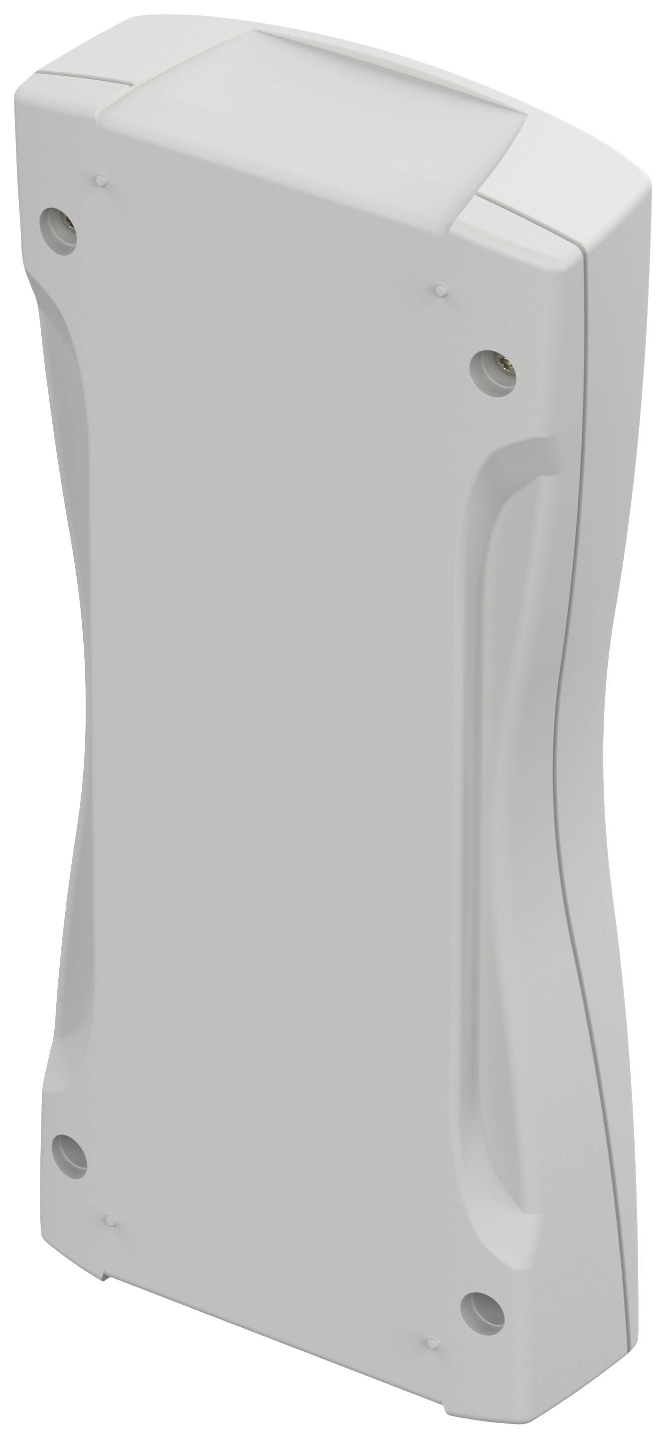 Białowa obudowa z tworzywa sztucznego o zakrzywionym kształcie i zaokrąglonych krawędziach, odpowiednia do urządzeń elektronicznych lub obwodów drukowanych.