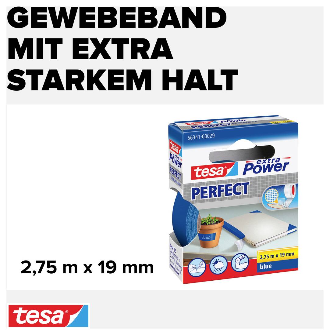 Taśma materiałowa z wyjątkowo mocnym przyleganiem 'Gewebeband mit extra starkem Halt' i 'tesa Perfect' na opakowaniu, 2,75 m x 19 mm.