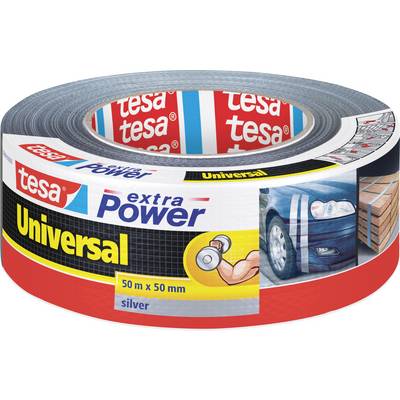 Rolka taśmy tesa extra Power Universal, 50m x 50mm, srebrna. Na opakowaniu przedstawiono zastosowania do naprawy samochodów i pakowania.