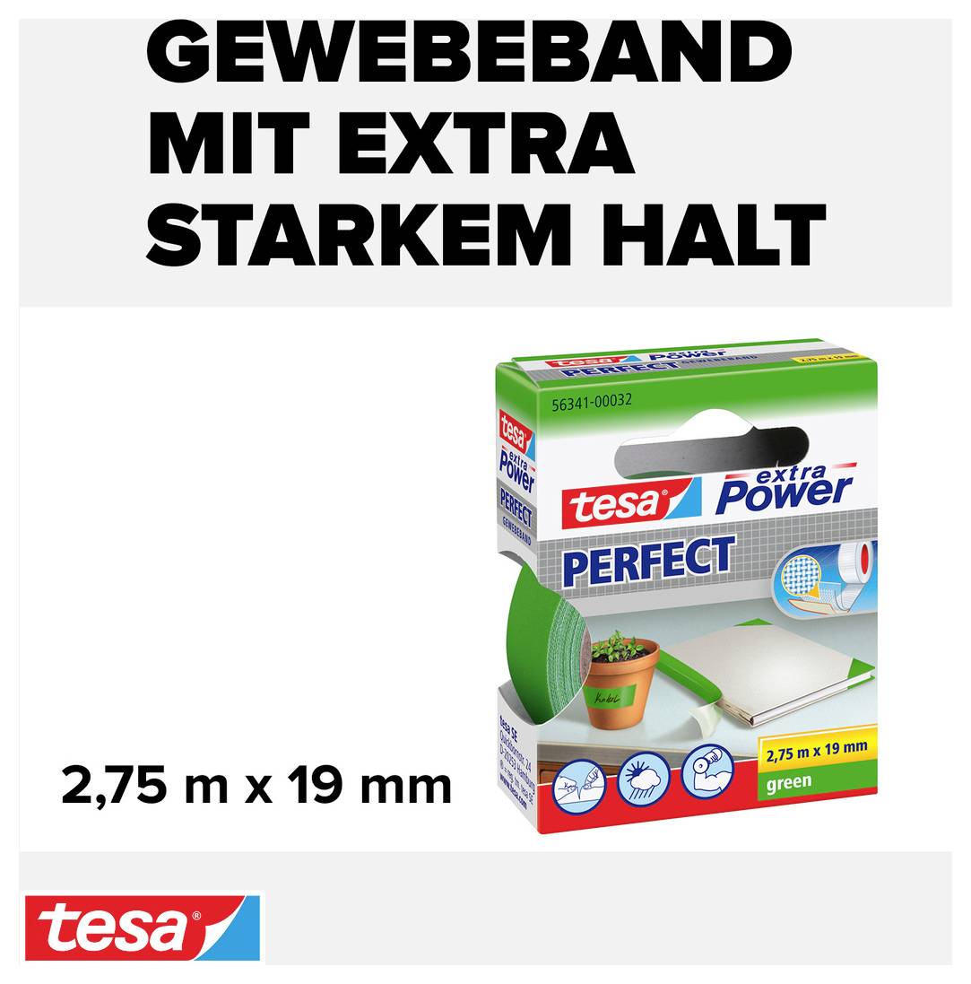Opakowanie taśmy tesa z włókna 'extra Power Perfect', zielone, 2,75 m x 19 mm, wyróżnione tekstem 'Taśma z włókna o wyjątkowo mocnym trzymaniu'.