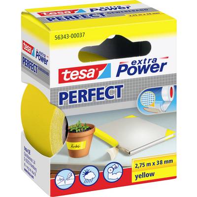 Pudełko taśmy tesa extra Power Perfect, 2,75 m x 38 mm, w kolorze żółtym. Pokazuje zastosowania takie jak naprawa roślin, okładanie książek oraz sprzęt sportowy.