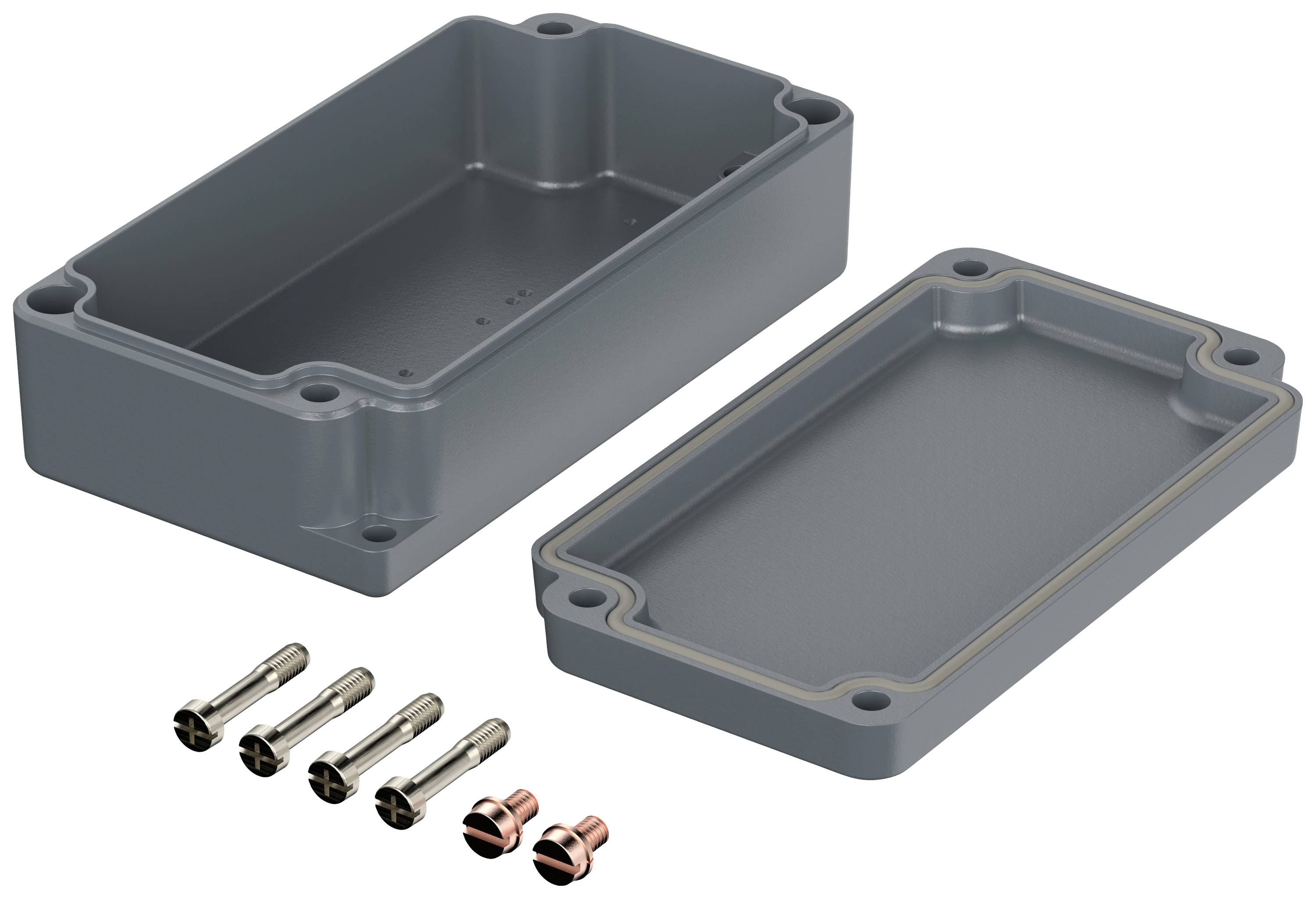 Szare, prostokątne obudowanie składające się z dwóch części (pokrywy i podstawy), mocowane czterema śrubami.