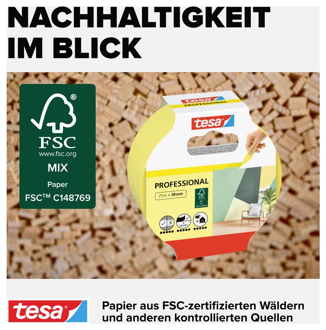 "Zrównoważony rozwój w centrum uwagi" z opakowaniem tesa, certyfikatem FSC. Papier pochodzi z lasów FSC oraz innych kontrolowanych źródeł.