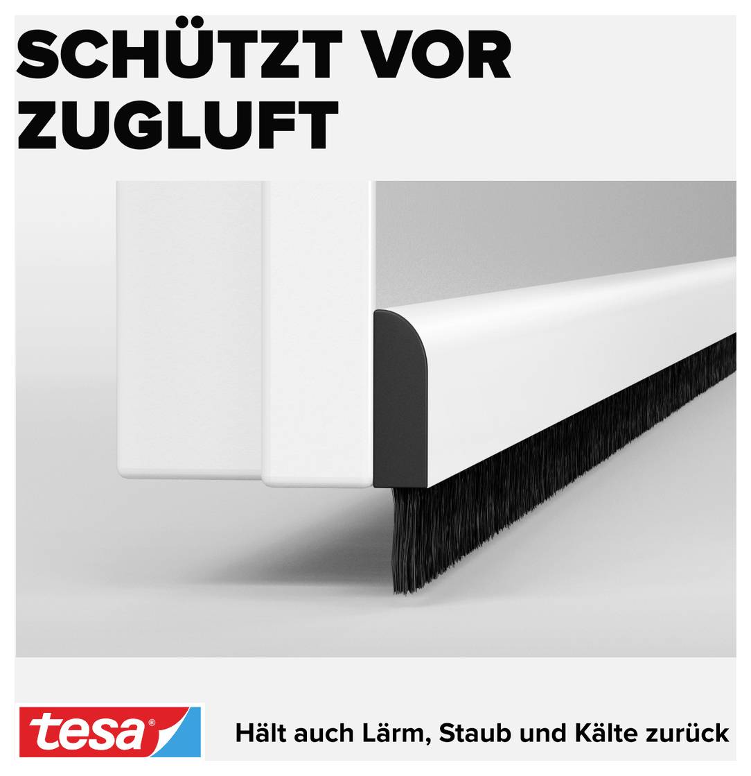 "Chroni przed przeciągiem" znajduje się nad ilustracją uszczelki drzwi, która blokuje powietrze za pomocą włosia. Logo marki na dole: "tesa".