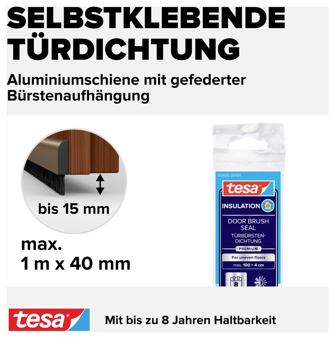 'Samoprzylepne uszczelnienie drzwi,' aluminium z zawieszeniem szczotki na sprężynę, maks. 1 m x 40 mm, trwałość do 8 lat, marka: tesa.