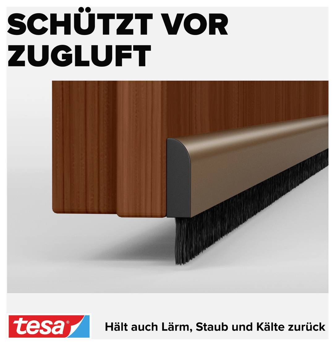 Ilustracja uszczelki drzwiowej z opisem: "Chroni przed przeciągami". Nazwa marki i slogan na dole.