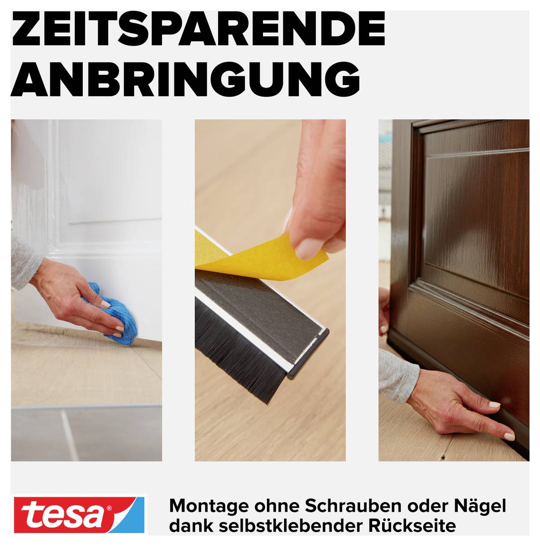 Trzy zdjęcia pokazują oszczędzający czas montaż uszczelek o samoklejącej stronie na drzwiach za pomocą produktu tesa.