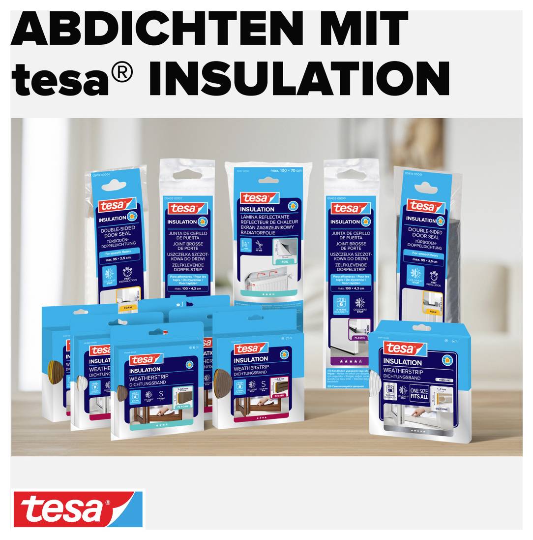 'Uszczelnianie z tesa Insulation' prezentuje linię produktów tesa do uszczelniania. Pokazane są różne rozmiary i zastosowania.