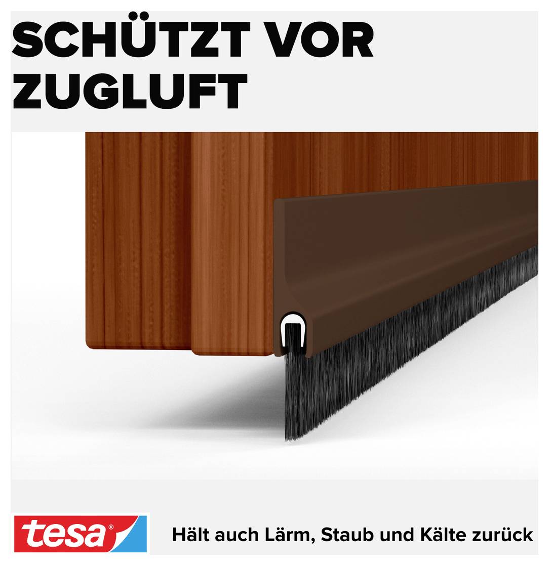 „Chroni przed przeciągiem" pod zdjęciem uszczelki drzwiowej; zapobiega hałasowi, kurzu, zimnu; marka Tesa podkreślona.
