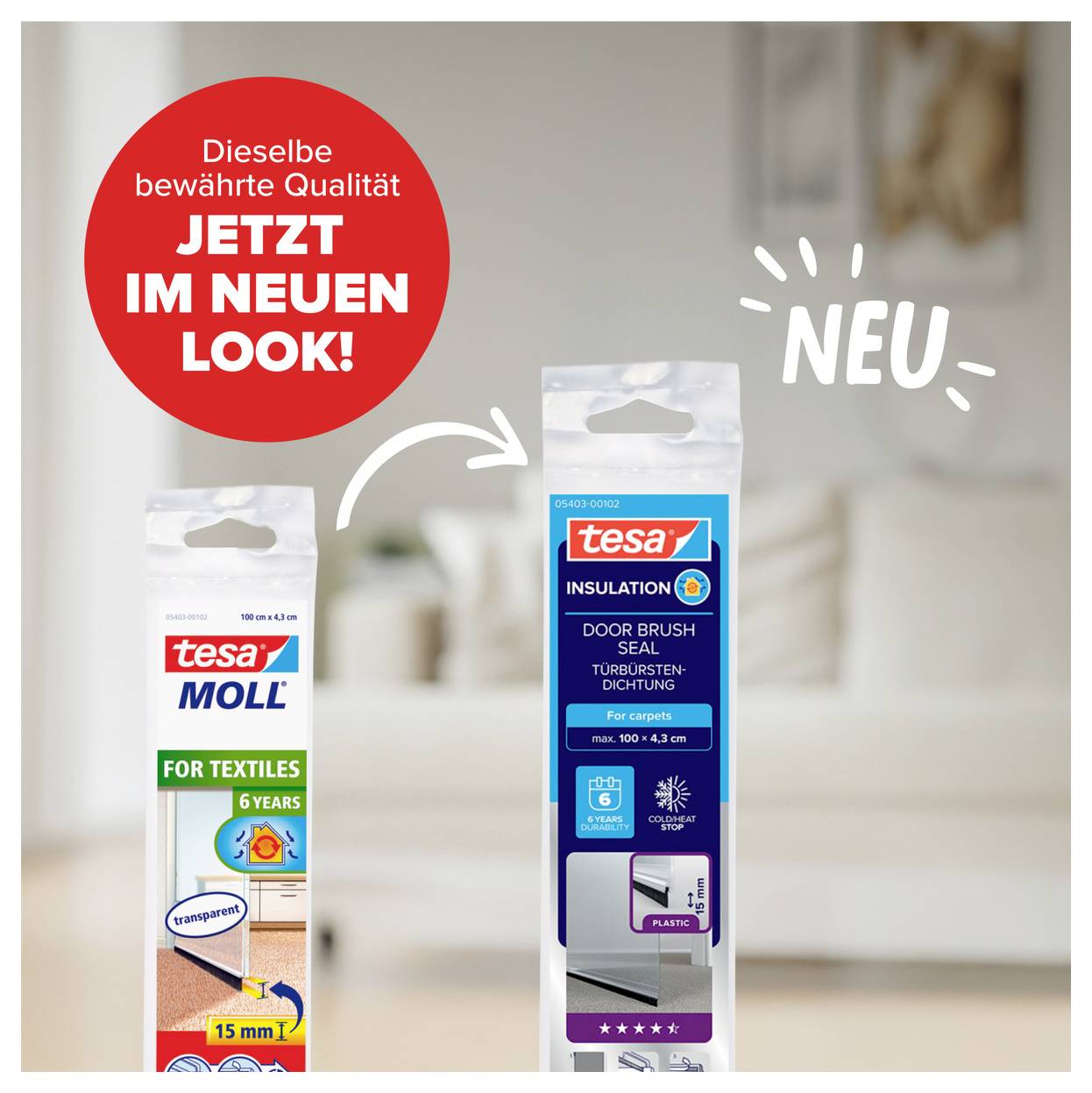 Opakowanie pokazuje "tesa MOLL Universal" z obrazem kota, obok nowe opakowanie ze wskazaniem "NOWY" i "Teraz w nowym wyglądzie!".