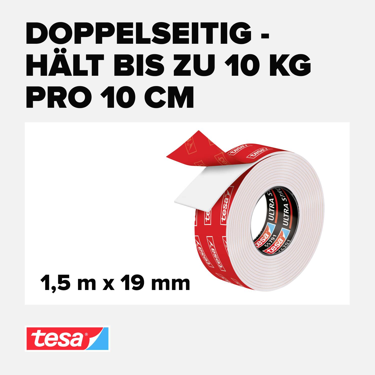 Dwustronna taśma klejąca, wytrzymuje do 10 kg na 10 cm. Wymiary: 1,5 m x 19 mm. Marka 'tesa'.
