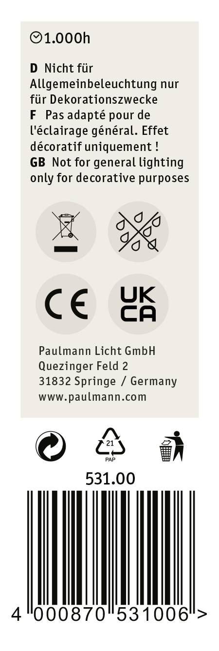 Etykieta z ostrzeżeniem: 'Nie do oświetlenia ogólnego, tylko do dekoracji', zawiera symbole UKCA, CE i kod kreskowy.