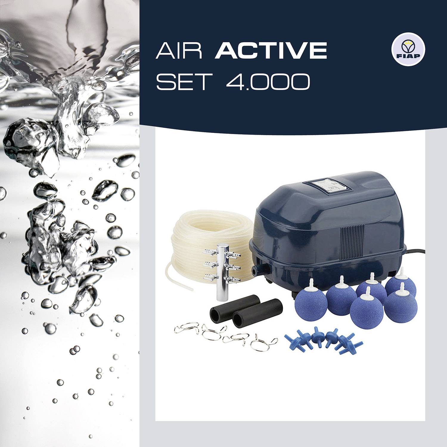 Zestaw 'Air Active Set 4.000' firmy FIAP: pompa powietrzna, węże, rozdzielacz i kamienie napowietrzające. Zestaw do napowietrzania i cyrkulacji wody w oczku wodnym.