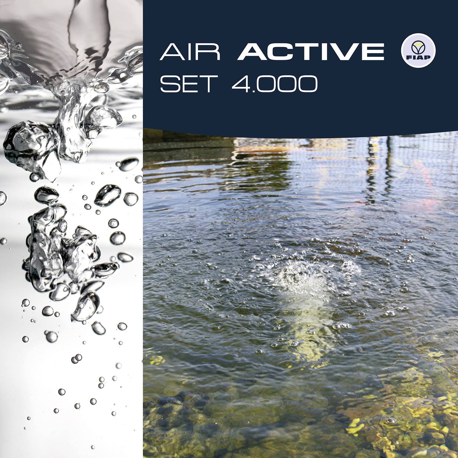 Obraz przedstawia wodę z unoszącymi się pęcherzykami powietrza po lewej stronie oraz powierzchnię wody po prawej stronie. Tekst 'Air Active Set 4.000' w prawym górnym rogu.