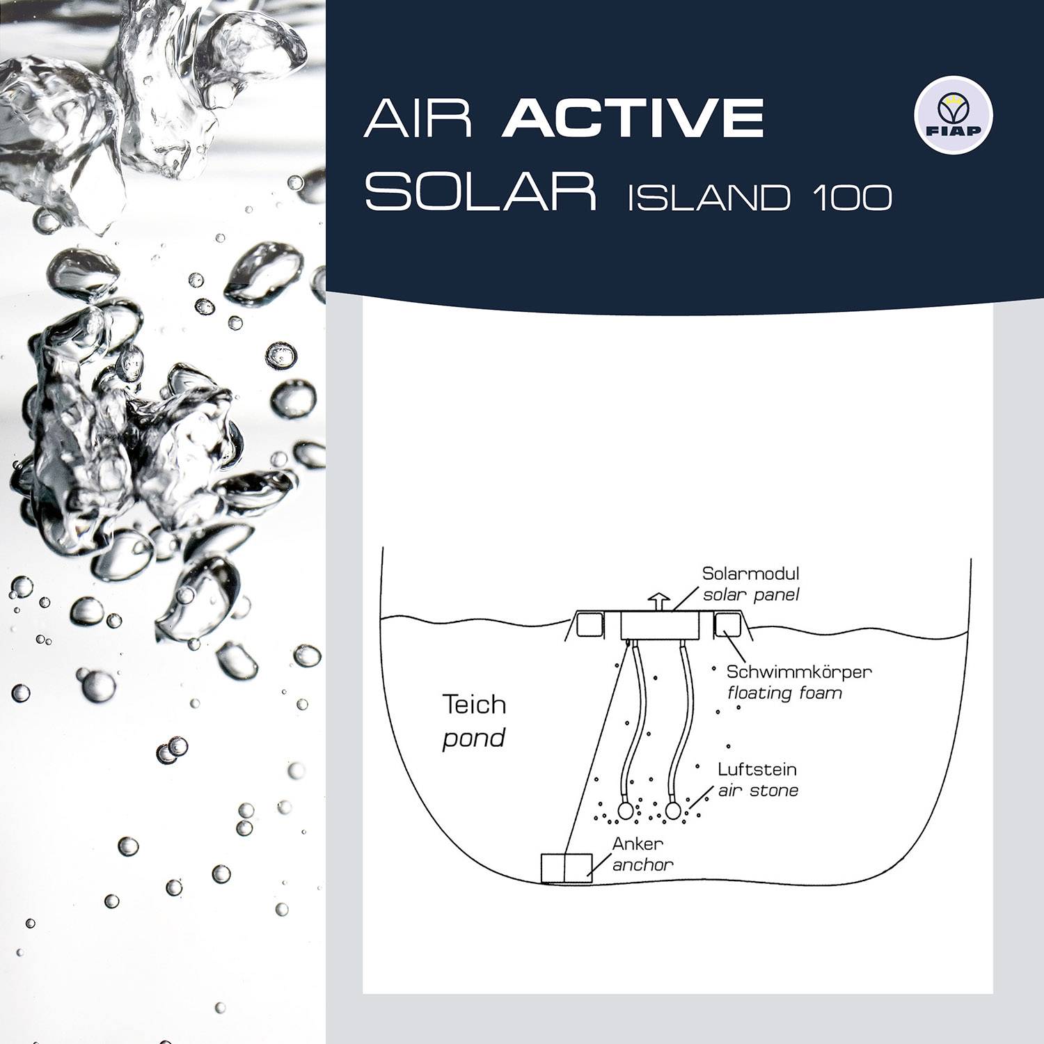 'Air Active Solar Island 100' przedstawia schematyczne przedstawienie modułu słonecznego pływającego nad zbiornikiem wodnym i połączonego z kamieniem napowietrzającym.