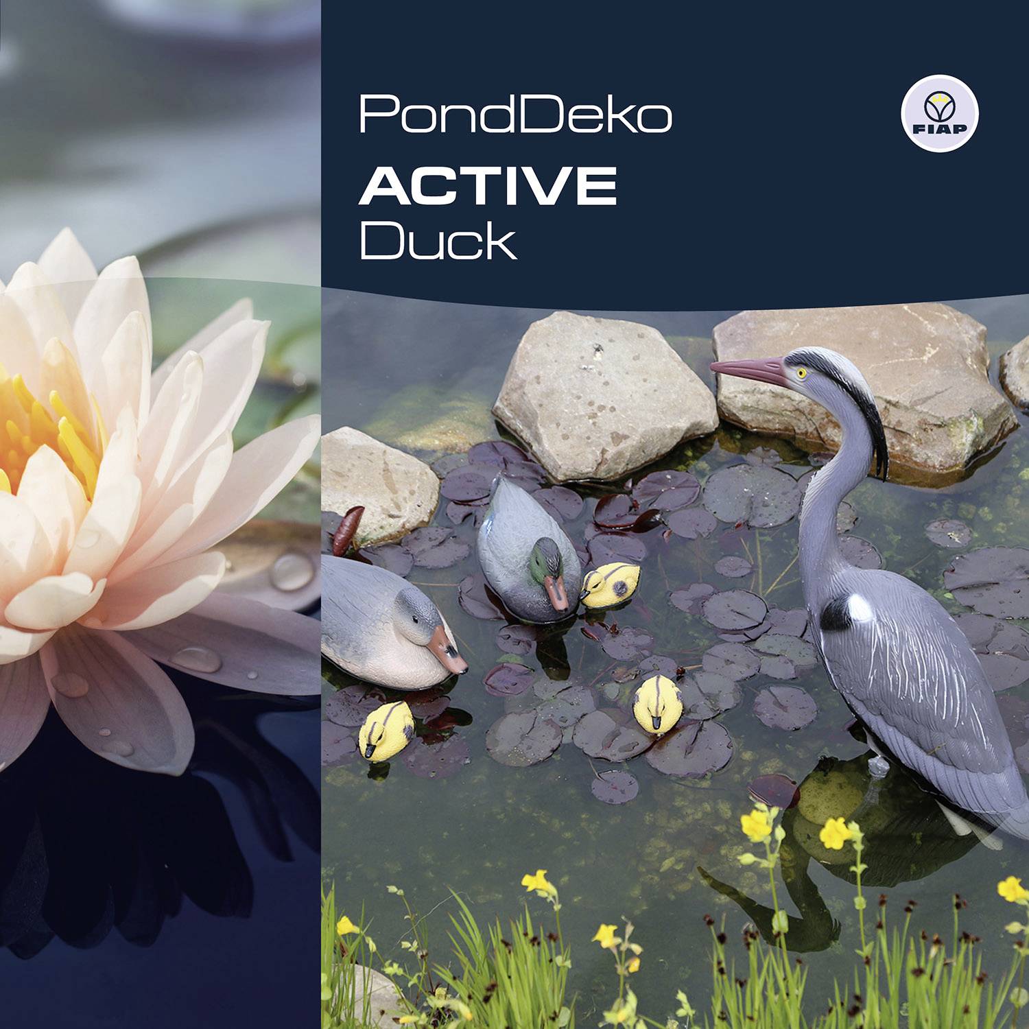 'PondDeko ACTIVE Duck' przedstawia sztuczne kaczki i lilie wodne w stawie z kamieniami w tle pod błękitnym niebem.