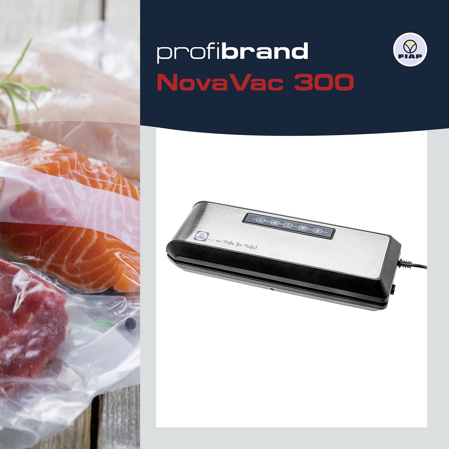 Urządzenie do próżniowego pakowania 'NovaVac 300' na stole obok łososia zapakowanego próżniowo, z widoczną nazwą produktu i marką oraz wyraźnym logo.