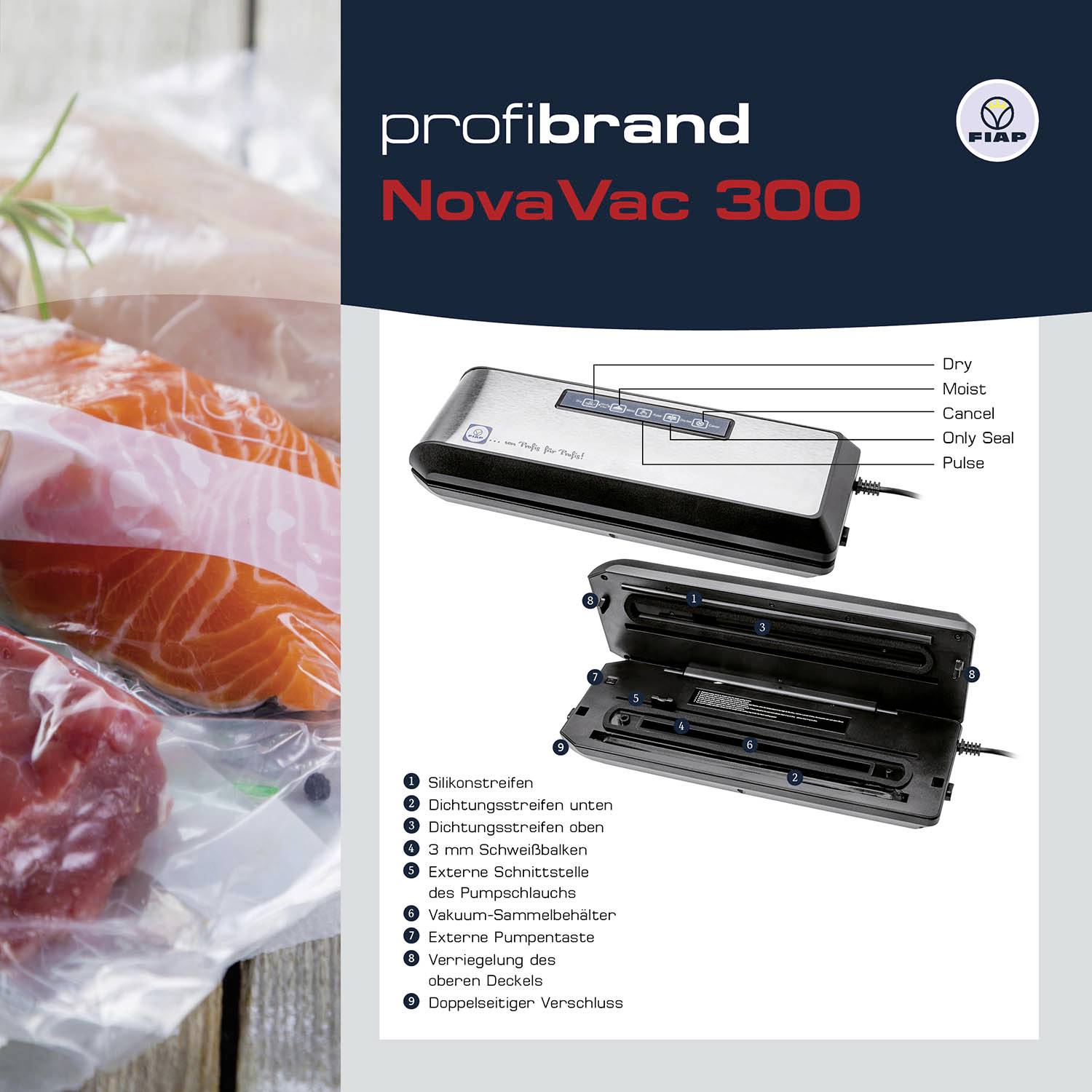Urządzenie próżniowe 'NovaVac 300' marki profi brand, pokazane z otwartą pokrywą. Funkcje: suchy/wilgotny, tylko uszczelnienie, zamykanie. Po lewej stronie: filety z łososia w folii.