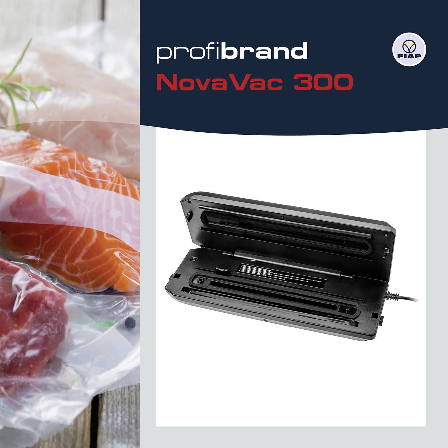 Próżniarka 'profibrand NovaVac 300' obok łososia zapakowanego próżniowo; zdjęcie produktowe przedstawia urządzenie w pozycji otwartej.
