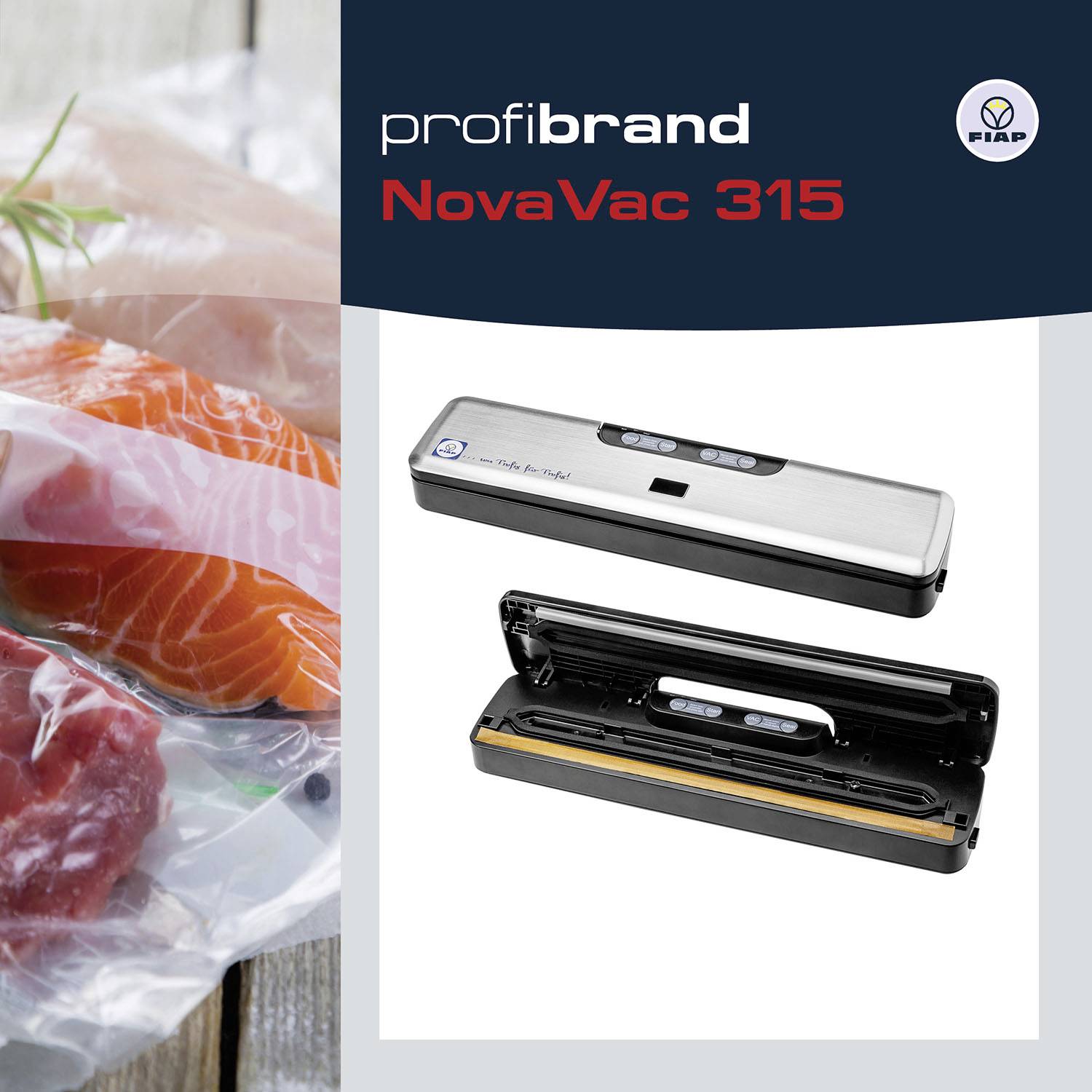 "NovaVac 315" próżniarka obok fileów rybnych na desce drewnianej. Po lewej świeży łosoś; urządzenie po prawej. Idealne do przedłużania świeżości i ochrony aromatu.