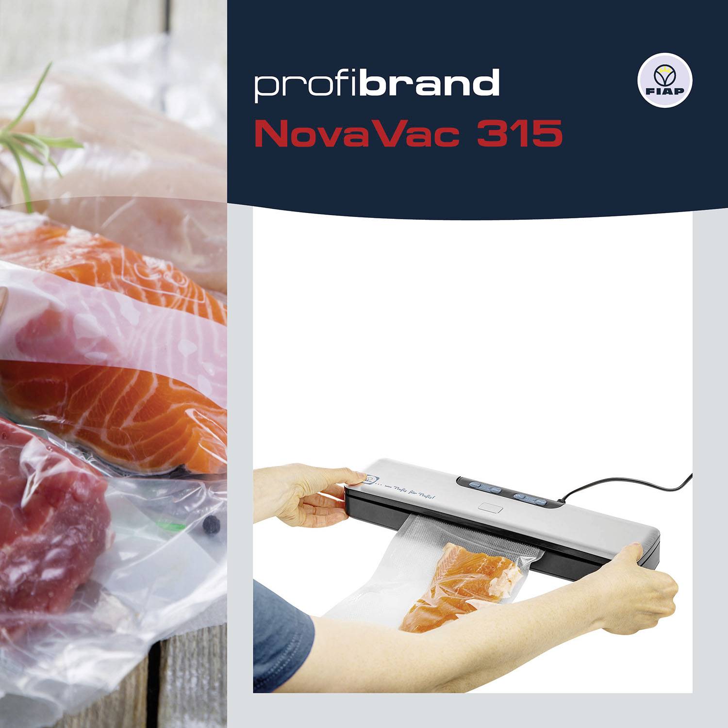 Urządzenie do pakowania próżniowego 'NovaVac 315' w użyciu. Po lewej: łosoś w woreczku próżniowym na drewnianej powierzchni. Marka w górnym prawym rogu.
