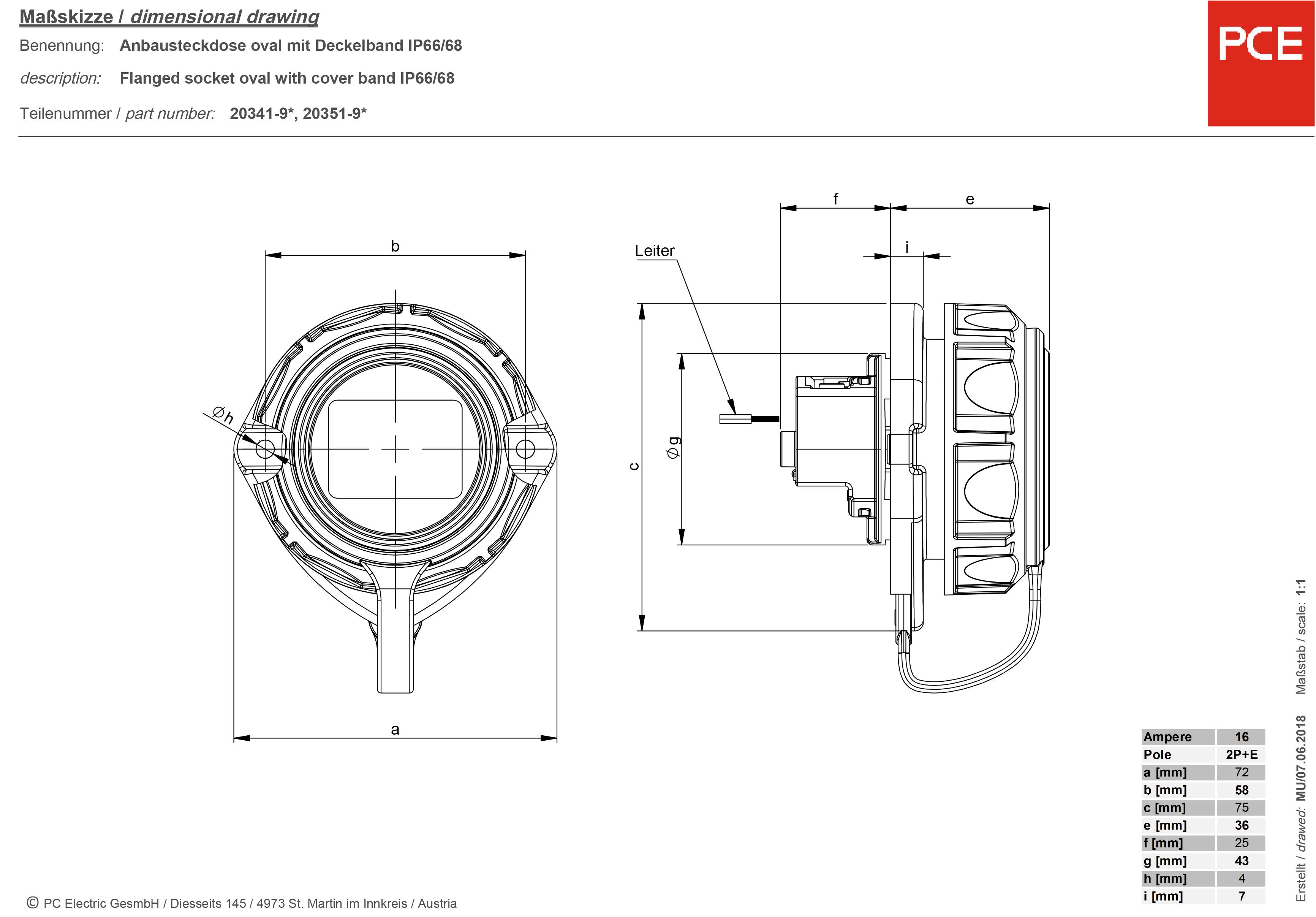 Електрична розетка PCE 20351-9b, 16A, 230V/50Hz, синя, IP68