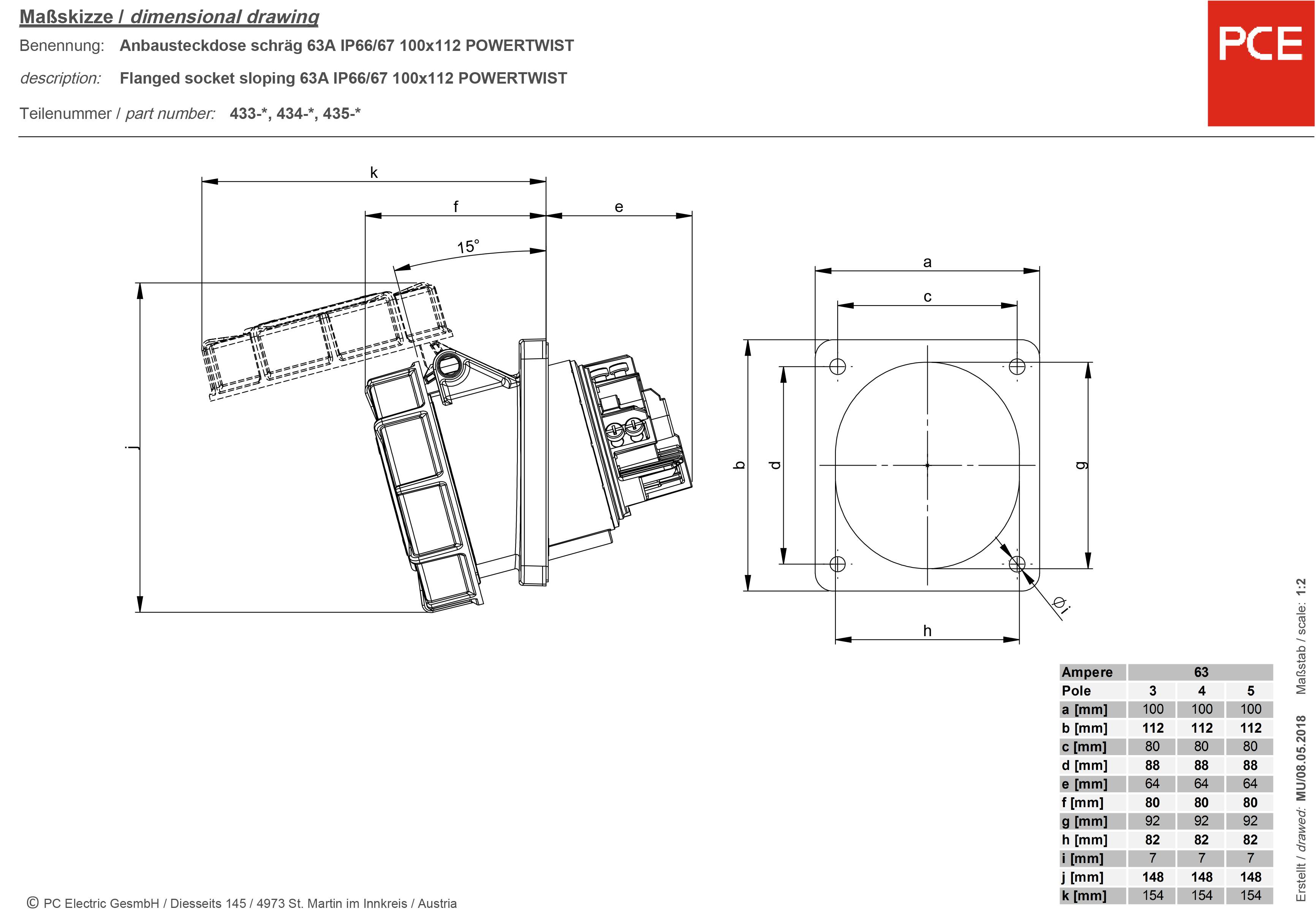 Розетка PCE 435-6 CEE - кутова, 63A Twist IP67 червоно-сіра
