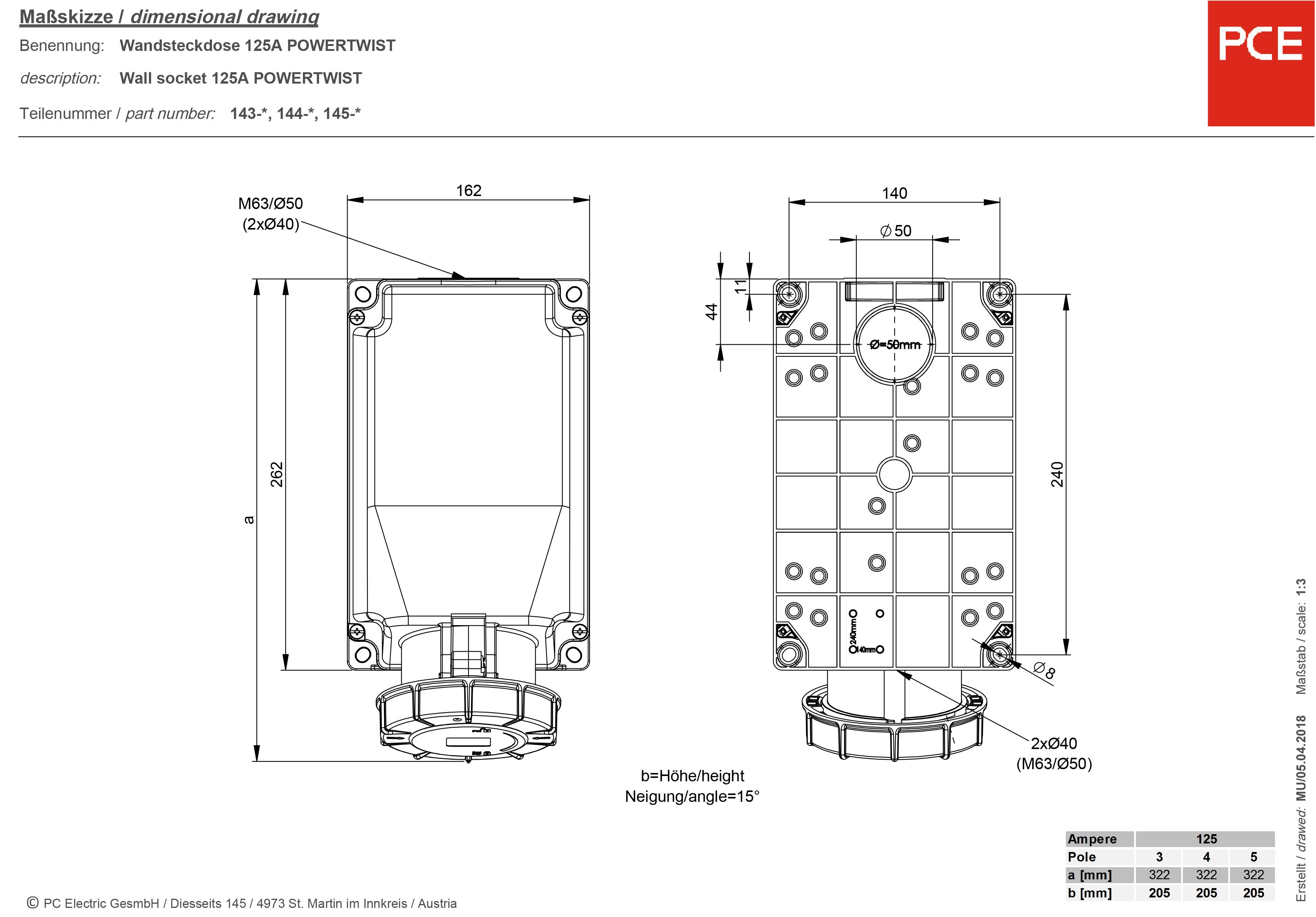 Розетка PCE 145-6 CEE 125A, сіра, червона, IP