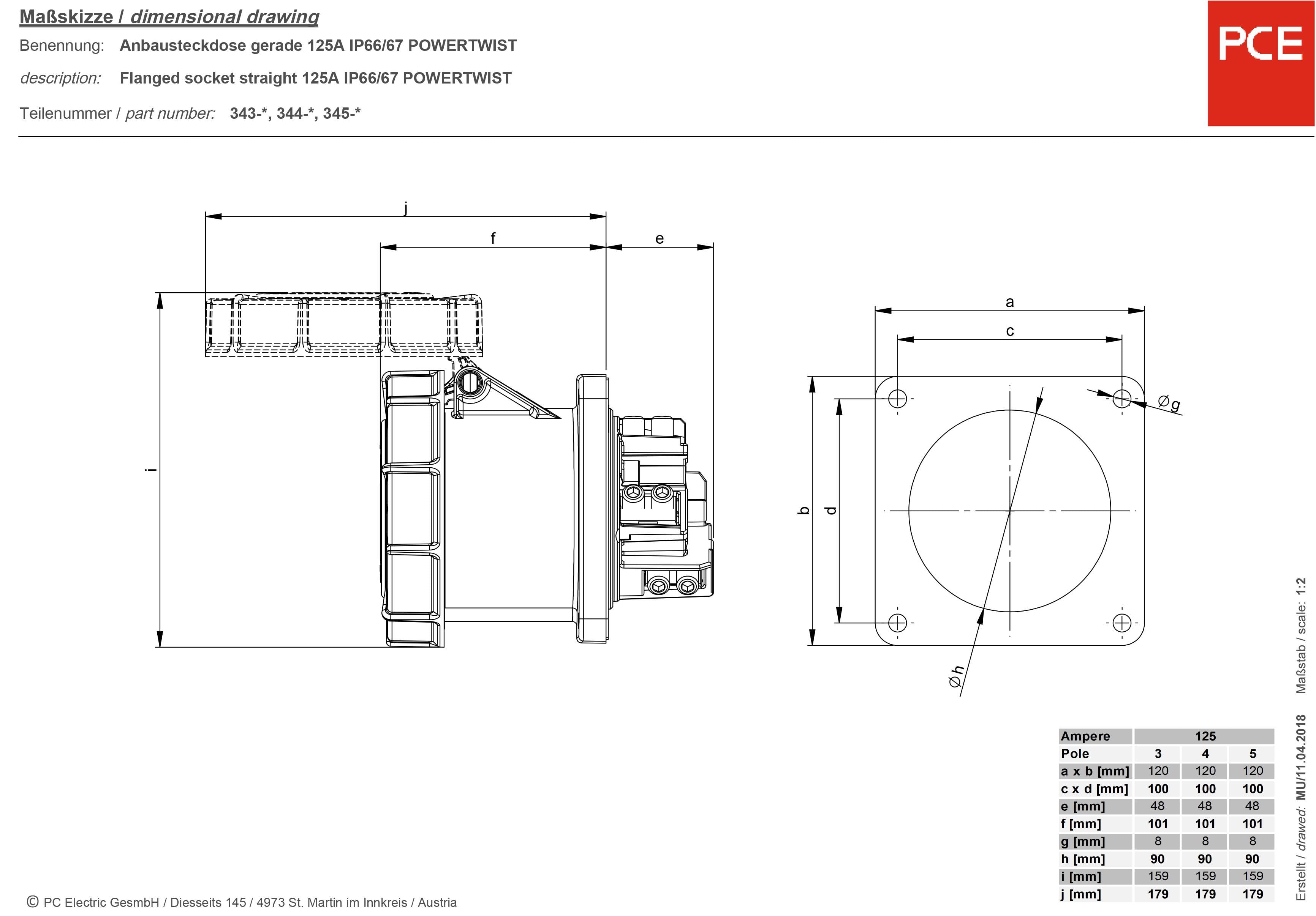 Розетка PCE 345-6 CEE - дистанційне кріплення, 125 A Twist, червоно-сіра, IP67