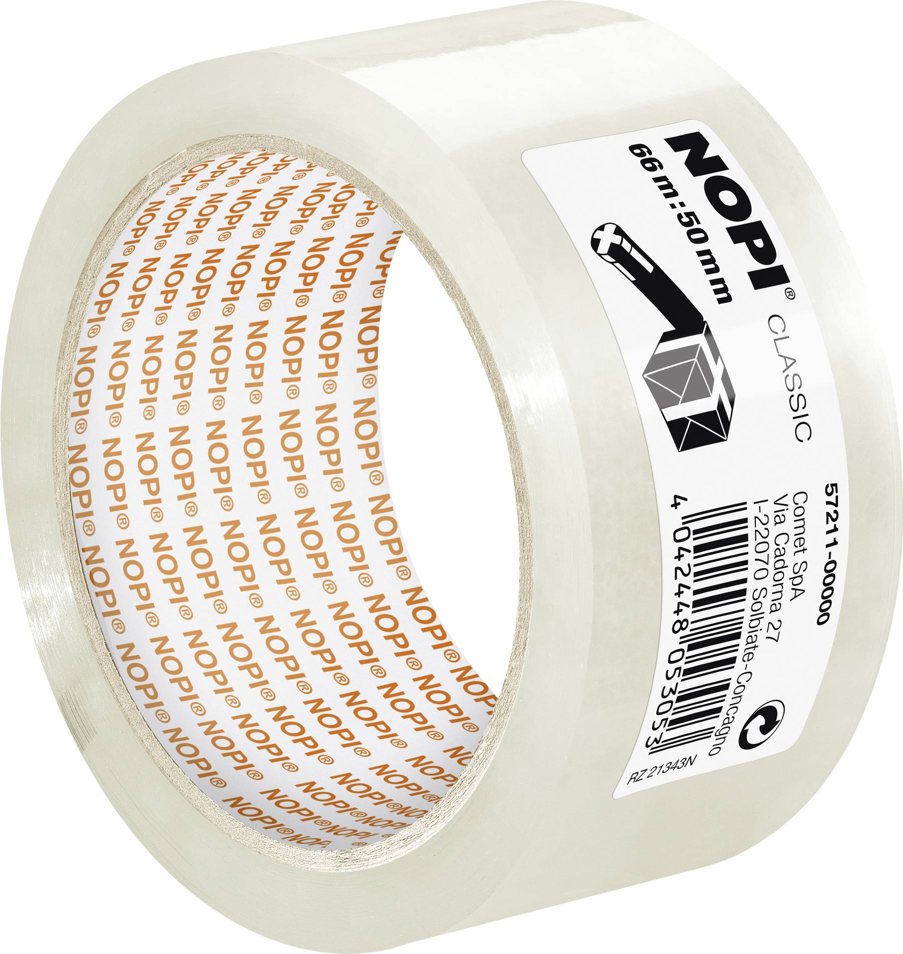 Rolka przezroczystej taśmy samoprzylepnej marki 'NOPI', długość 66m i szerokość 50mm, z czarnym i pomarańczowym napisem na etykiecie.