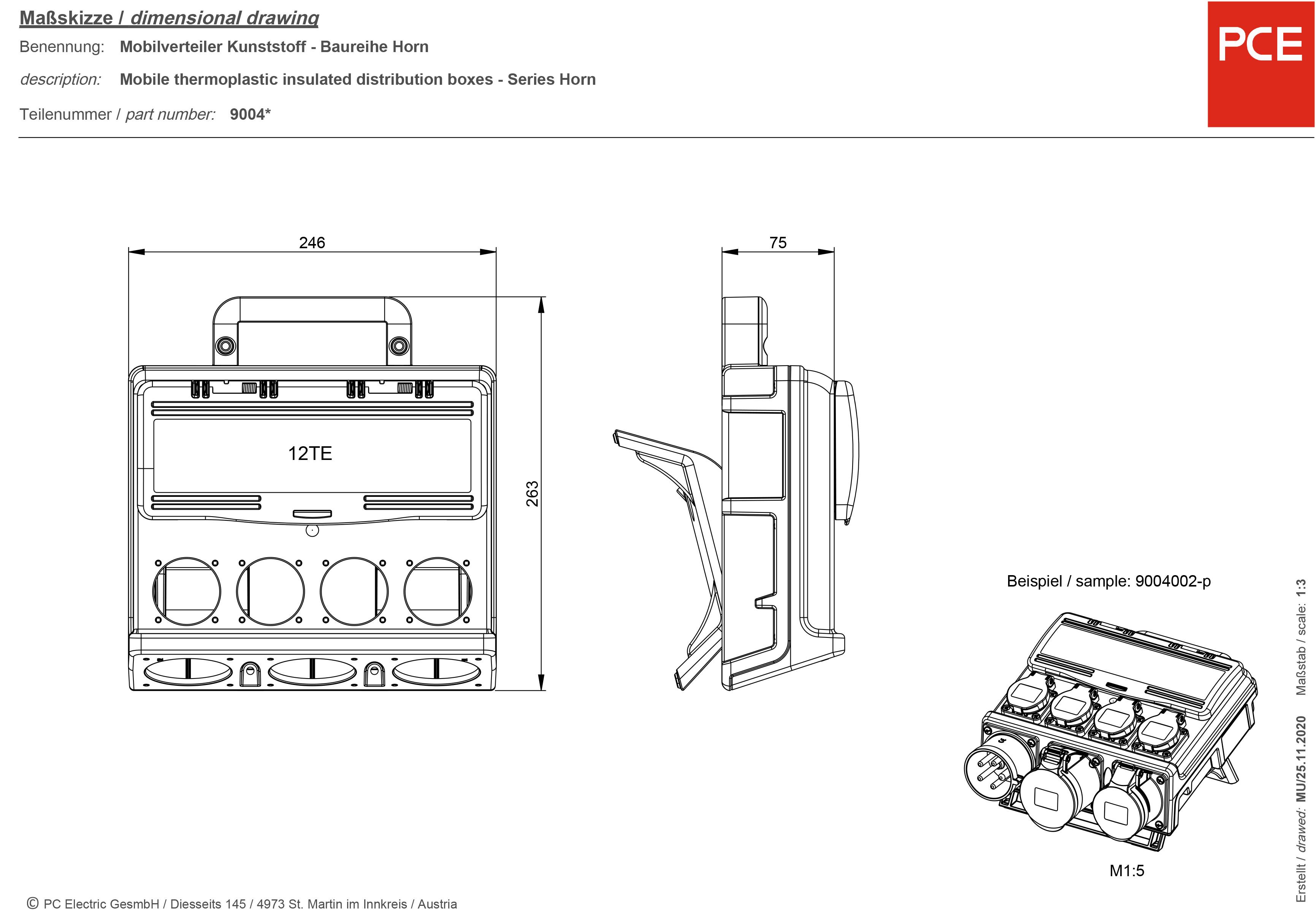 Rysunek techniczny mobilnego rozdzielacza z tworzywa sztucznego z wieloma gniazdami. Wymiary: 246x75 mm. Oznaczenie: 9004*. Obudowa: izolowana termoplastycznie.