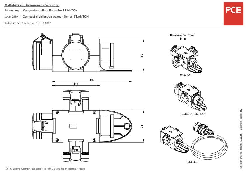 Розподільник живлення CEE PCE 9430429, 3x, 1,5 м з вилкою IP44, 400 В