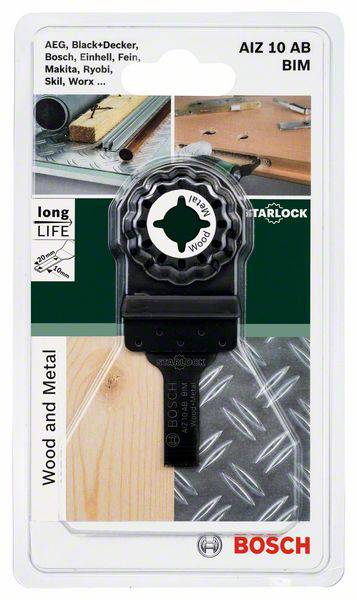 'Ostrze Bosch Starlock AIZ 10 AB BIM, odpowiednie do drewna i metalu. Kompatybilne z wieloma markami narzędzi.'