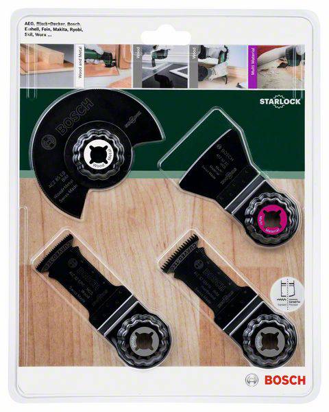 'Zestaw brzeszczotów Bosch Starlock na drewnianym podłożu. Zawiera cztery różne ostrza do narzędzi wielofunkcyjnych w czarnym opakowaniu.'