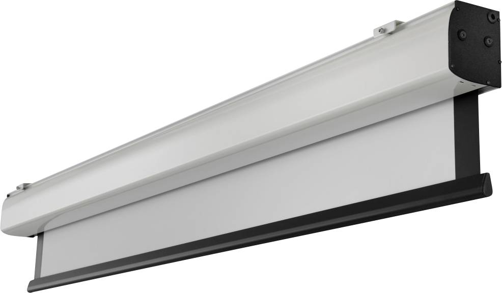 Elektryczna ekran projekcyjny z białą obudową i czarną ramką. Idealny do prezentacji w biurach lub salach lekcyjnych.