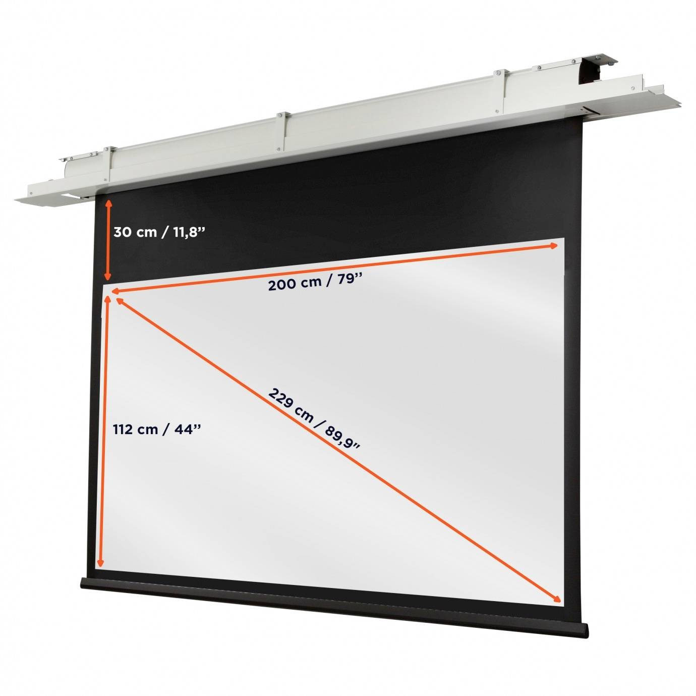Płótno o wymiarach: szerokość 200 cm (79"), wysokość 112 cm (44"), przekątna powierzchni projekcyjnej 229 cm (89,9"), wysokość obudowy 30 cm (11,8").