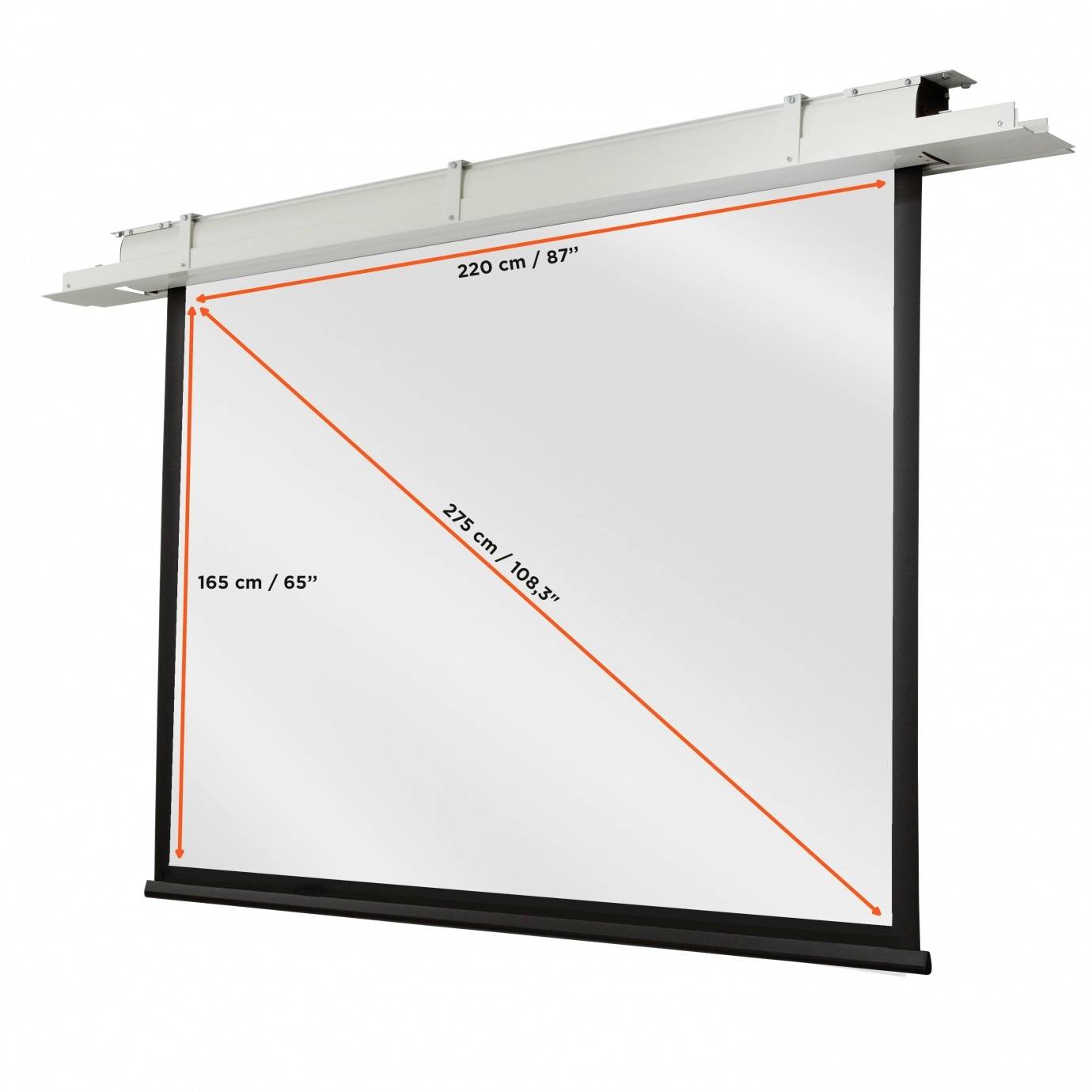 Płótno o wymiarach: szerokość 220 cm (87"), wysokość 165 cm (65"), przekątna 275 cm (108,3"). Odpowiednie do projekcji.