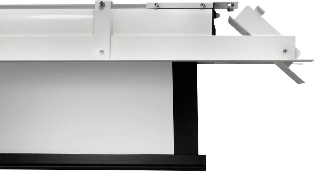 Biały, mechaniczny uchwyt parasola z rozłożonym ekranem projekcyjnym, widoczny z boku. Na górze widoczne są śruby mocujące.