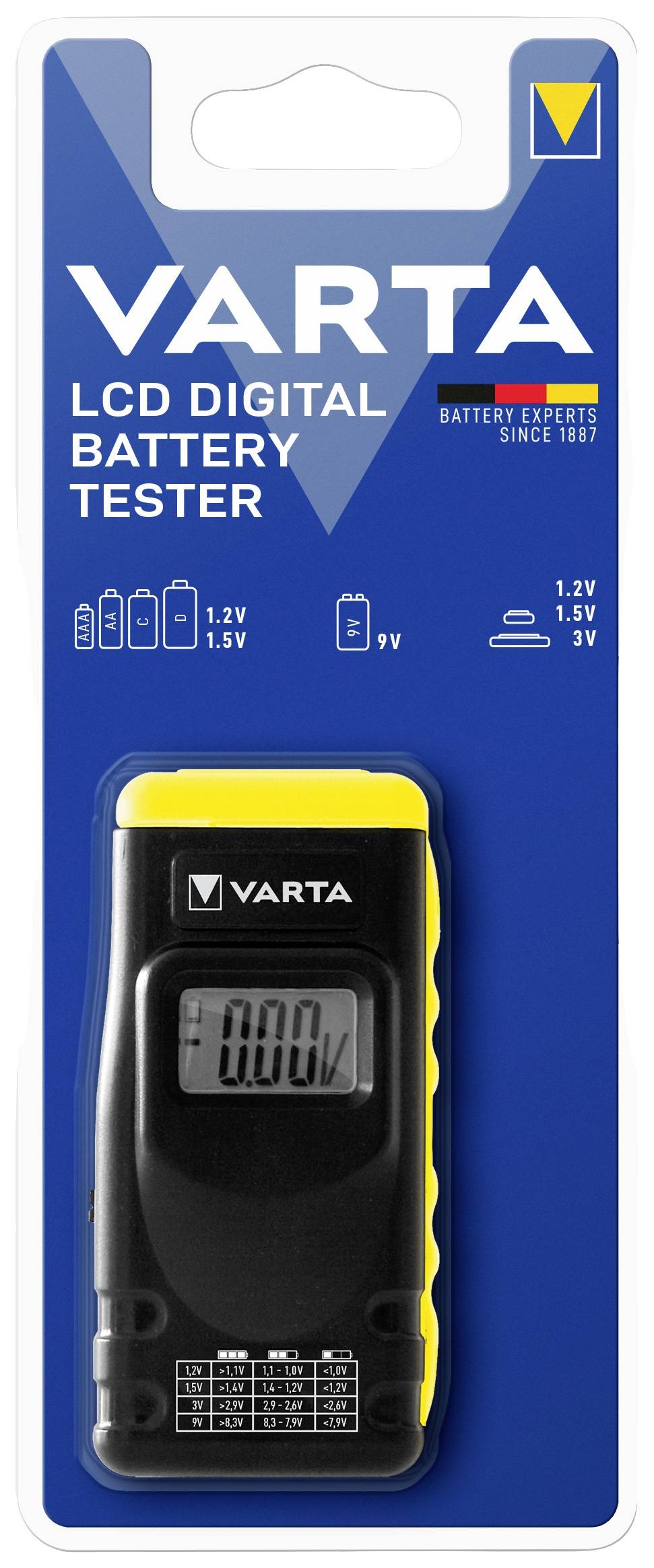 Tester cyfrowy VARTA LCD do baterii, pokazujący poziom naładowania. Odpowiedni dla baterii od 1,2V do 9V, z ilustracjami rodzajów baterii.