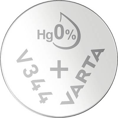 Na powierzchni ułożony w kole napis "Bateria guzikowa Hg 0%, V344, +, VARTA".
