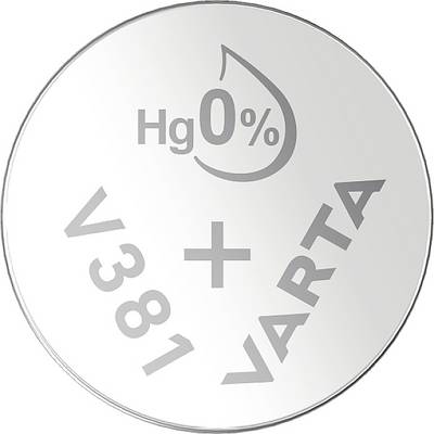 Bateria guzikowa 'VARTA' z napisem 'Hg 0%', numer modelu 'V381'. Bez zawartości rtęci.