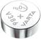 Okrągła bateria guzikowa z napisem 'V386 VARTA', wolna od rtęci, przedstawienie kropli z symbolem 'Hg 0%' u góry.