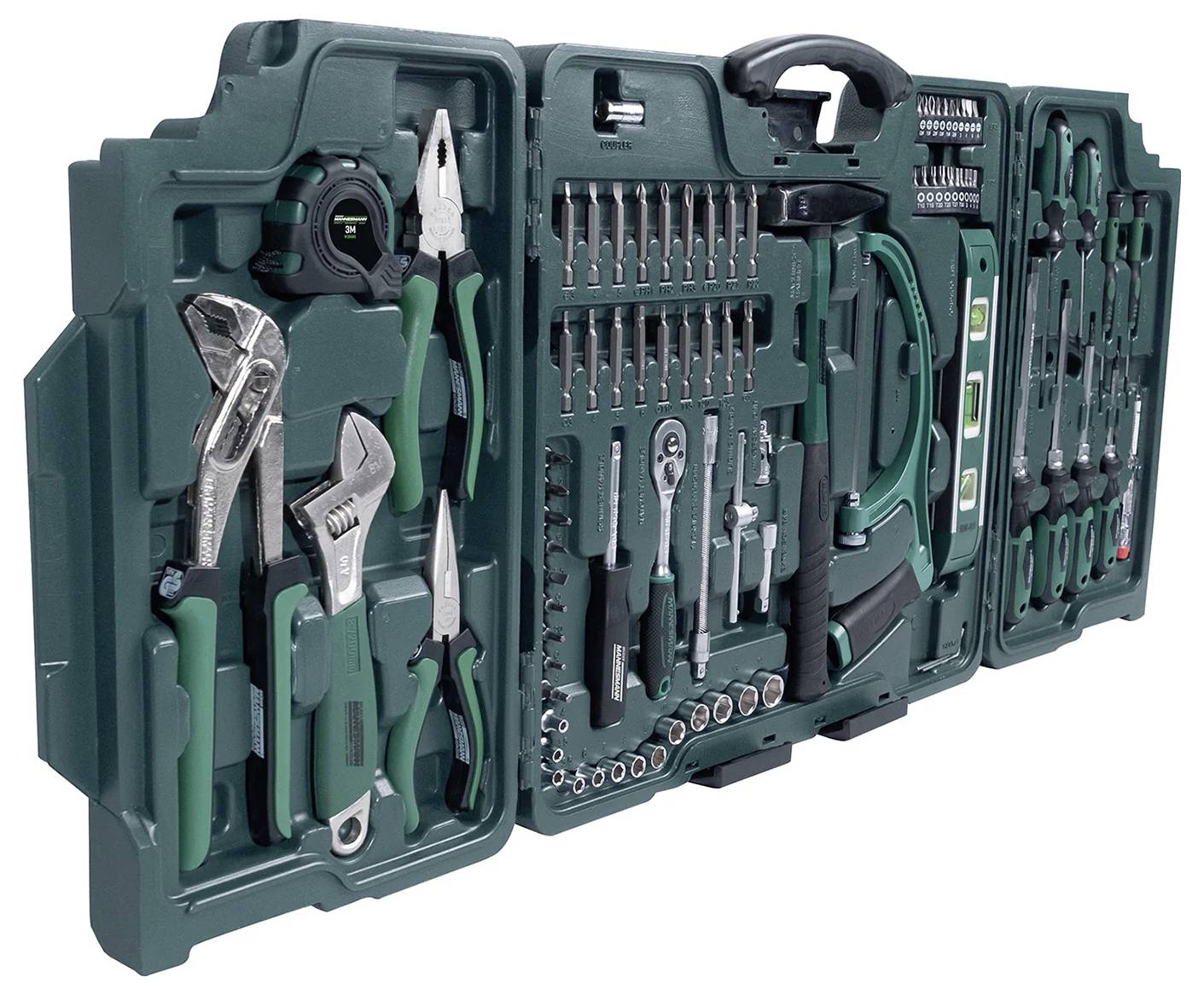 Zielony zestaw skrzynki narzędziowej zawierający różne narzędzia, w tym klucze, szczypce, śrubokręty i wiertła, ułożone w plastikowej walizce.