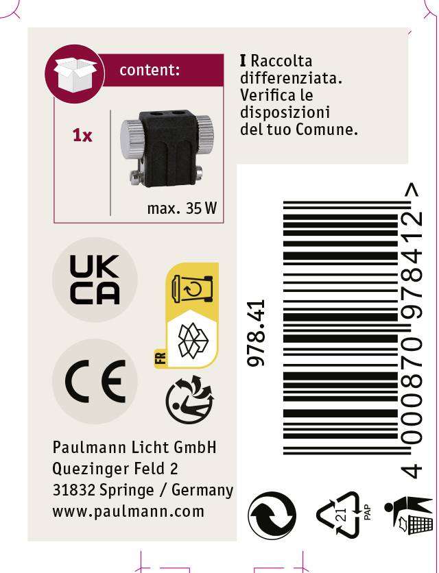 Etykieta dla produktu LED firmy Paulmann, zawartość '1x', maksymalna moc 35W, oznaczenia CE i UKCA, informacja o recyklingu, kod kreskowy i dane producenta.